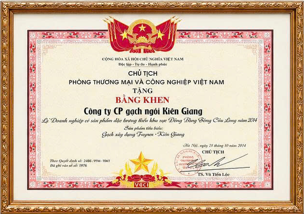 BẰNG KHEN DOANH NGHIỆP CÓ SẢN PHẨM ĐẶC TRƯNG TIÊU BIỂU KHU VỰC ĐỒNG BẰNG SÔNG CỬU LONG