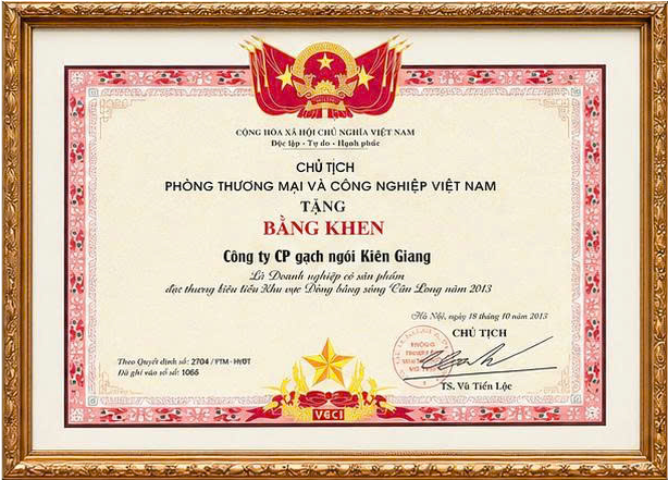 BẰNG KHEN DOANH NGHIỆP CÓ SẢN PHẨM ĐẠT THƯƠNG HIỆU TIÊU BIỂU KHU VỰC ĐỒNG BẰNG SÔNG CỬU LONG
