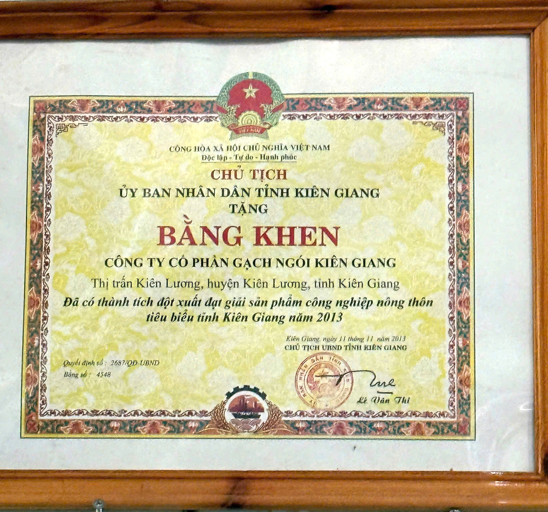 BẰNG KHEN THÀNH TÍCH ĐỘT XUẤT ĐẠT GIẢI SẢN PHẨM CÔNG NGHIỆP NÔNG THÔN TIÊU BIỂU TỈNH KIÊN GIANG